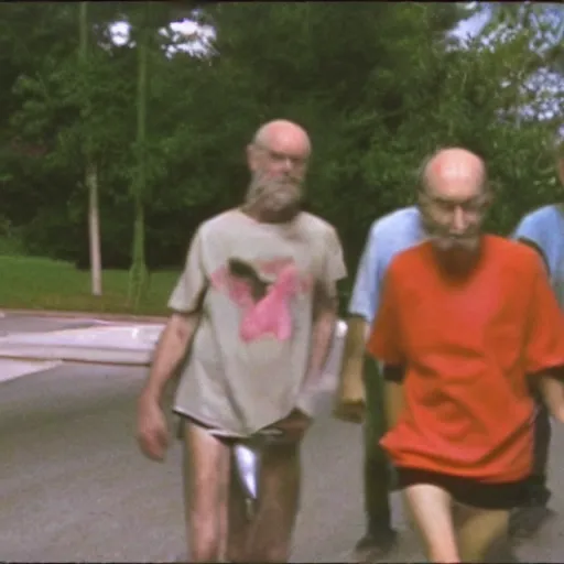 Prompt: found vhs still of trash humpers going crazy