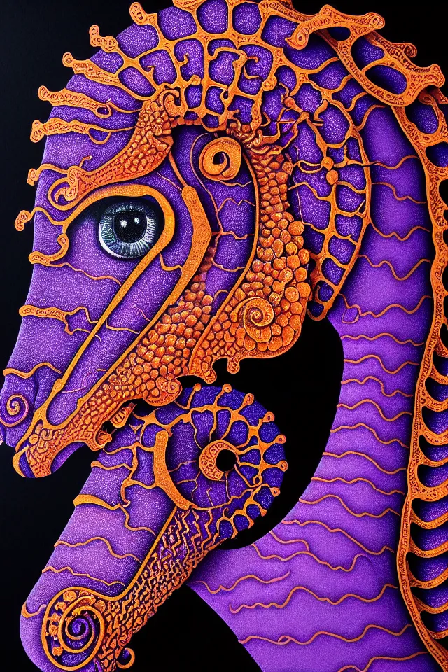 Image similar to a close up portrait of a purple ornate seahorse head statue, orange eyes, black paper, billions of details, beautiful intricate painting by kokaris