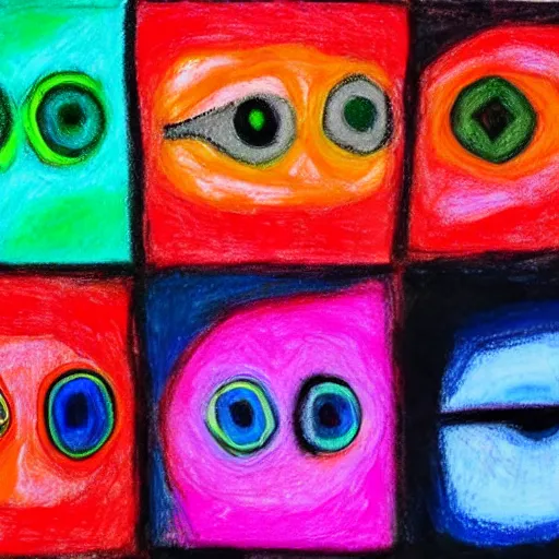 Image similar to colorful abstract minimalist painting of many human eyes. Oil pastel