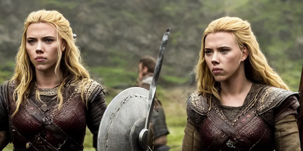 Prompt: Scarlett Johansson in a scene from the TV series Vikings