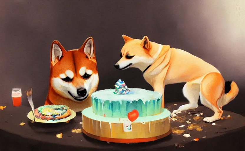 Image similar to a painting of a shiba and a birthday cake trending on artstation in the style of greg rutkowski