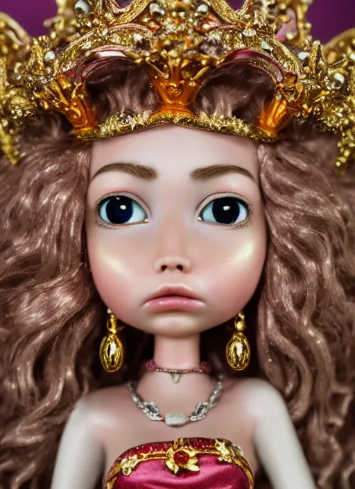 Image similar to closeup profile portrait of tin toy fairytale princess wearing a crown, bikini, depth of field, zeiss lens, detailed, symmetrical, centered, fashion photoshoot, by nicoletta ceccoli, mark ryden, lostfish, breathtaking, 8 k resolution, extremely detailed, beautiful, establishing shot, artistic, hyperrealistic, octane render