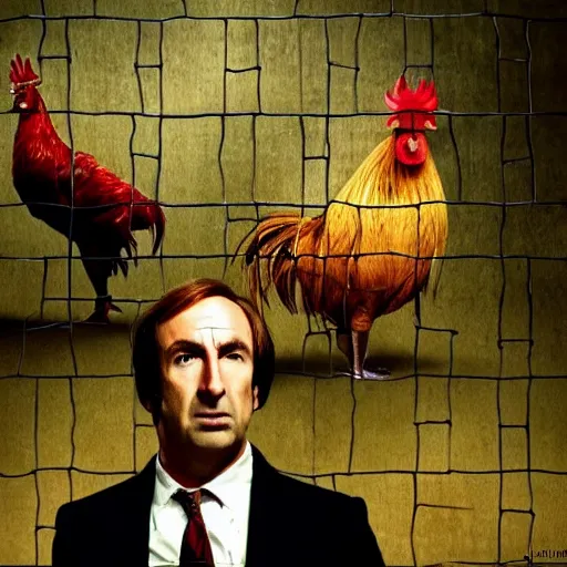 Prompt: saul goodman and a rooster in a saw movie torture chamber, saw movie jigsaw background, saul goodman, rooster, photo