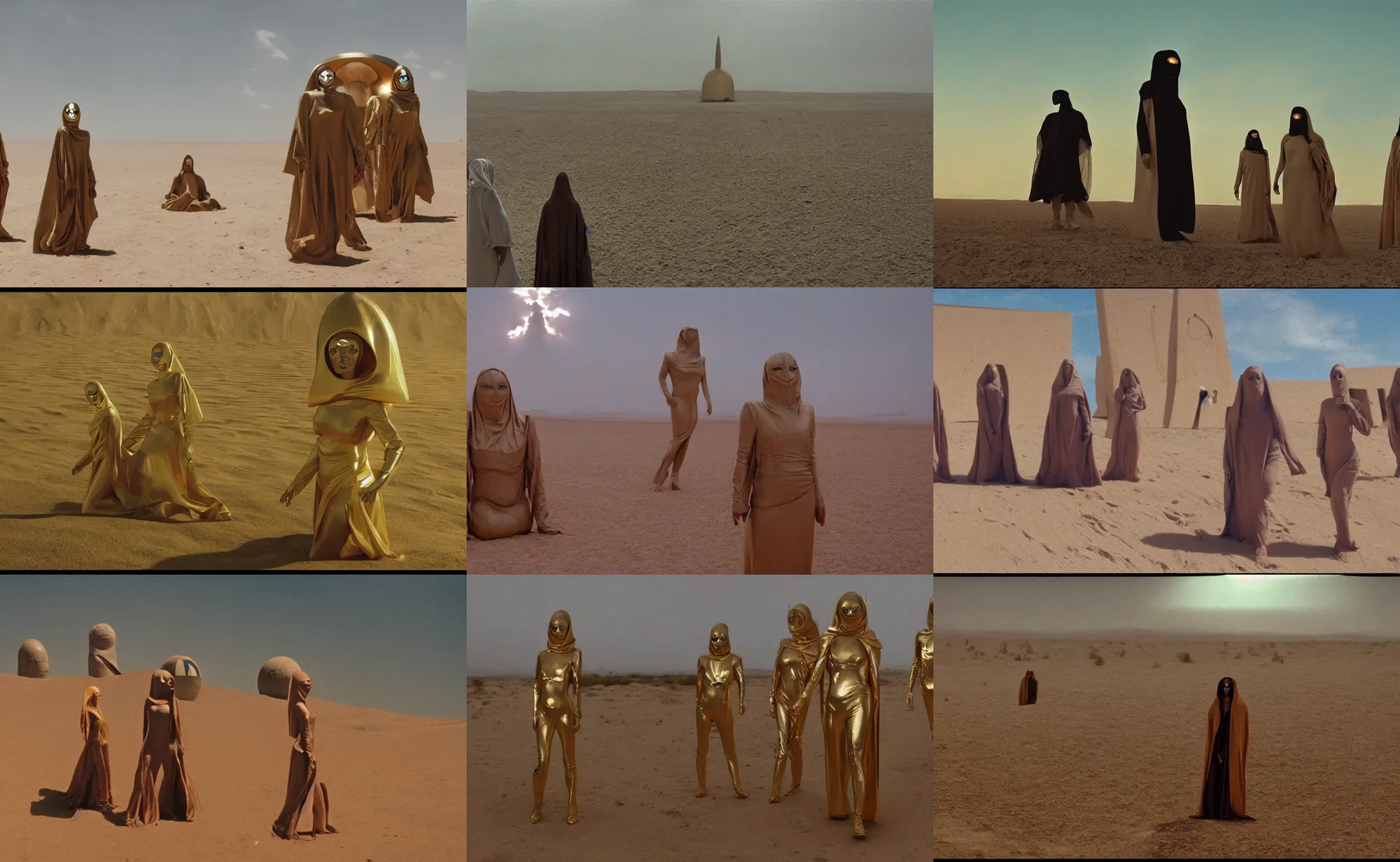 Prompt: the long - shot of bene gesserit women in full - face golden glowing masks seeing the abandoned buildings under the sand, alien spaceship in the sky, film still from the movie directed by alejandro jodorowsky with cinematogrophy of christopher doyle and art direction by hans giger, anamorphic lens, kodakchrome, very detailed photo, 8 k,