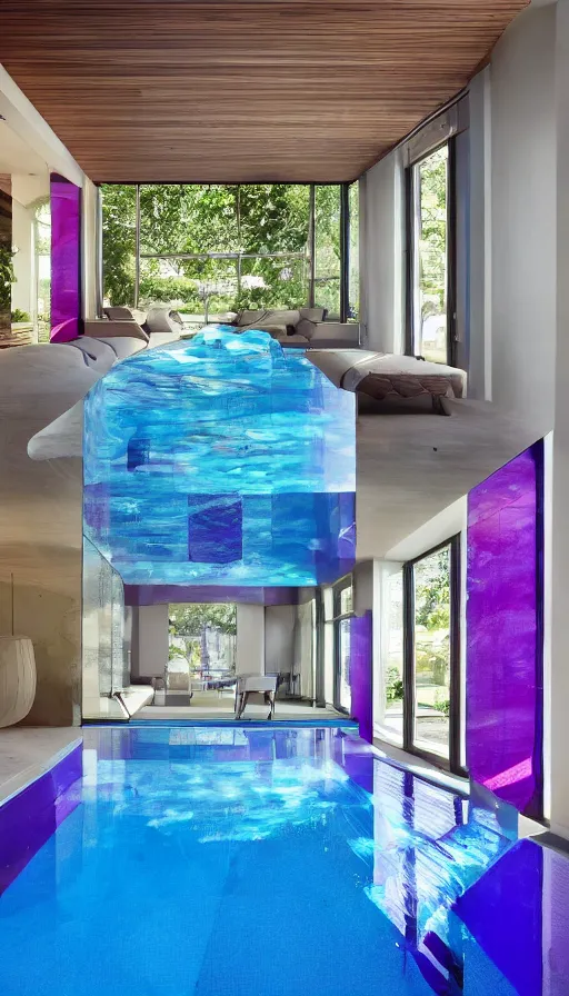 Prompt: A sunlit indoor lounge area with a pool with clear water and another pool with translucent purple water, next to a big window, 3D art