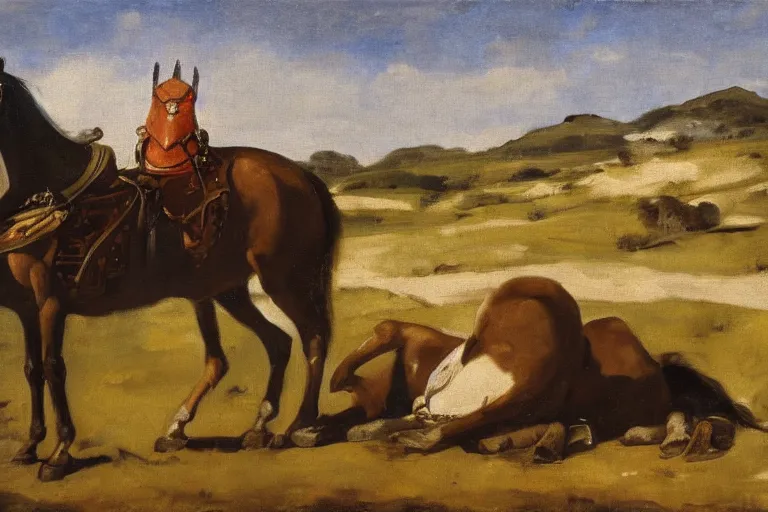 Image similar to a horse laying on the ground, swords in the bare terrain by velasquez, dark tones, oil painting 4 k