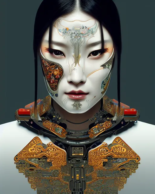 Image similar to portrait of a cyberpunk machine, machine face, upper half portrait, decorated with chinese opera motifs, asian, fine china, traditional chinese art, intricate, elegant, highly detailed, symmetry, headpiece, digital painting, artstation, concept art, smooth, sharp focus, illustration, art by artgerm and greg rutkowski and alphonse mucha, 8 k