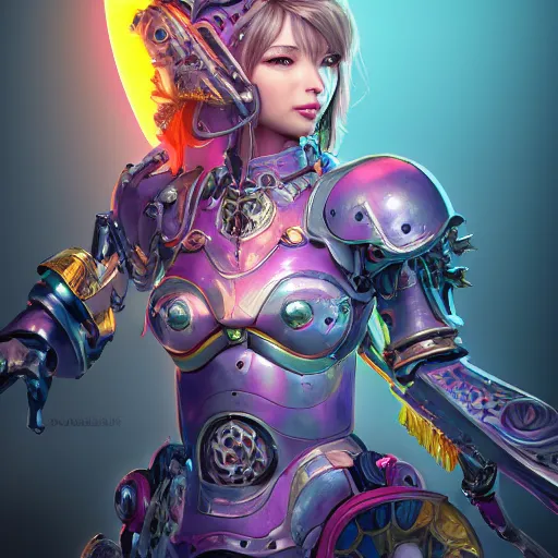 Image similar to studio portrait of lawful good colorful female holy mecha paladin absurdly beautiful, elegant, young sensual graceful woman, ultrafine hyperrealistic detailed face illustration by kim jung gi, irakli nadar, intricate linework, sharp focus, bright colors, matte, octopath traveler, final fantasy, unreal engine highly rendered, global illumination, radiant light, intricate environment