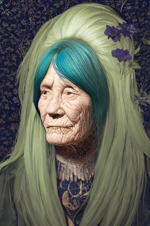 Image similar to portrait of a old woman with cracked manatee skin. dark blue-green hair, dark flower pattern wallpaper background, high detail, by Eddie Mendoza