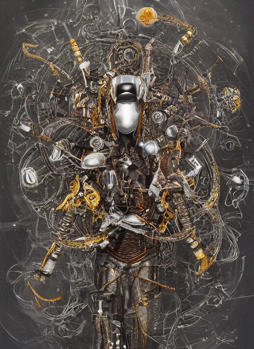 Image similar to portrait of futuristic king arthur knight medusa cyborg, surrounded by drones kintsugi, x - ray, steam and cyberpunk, modern fine art, fractal, intricate, elegant, highly detailed, digital photography, subsurface scattering, by jheronimus bosch and frank miller and greg rutkowski,