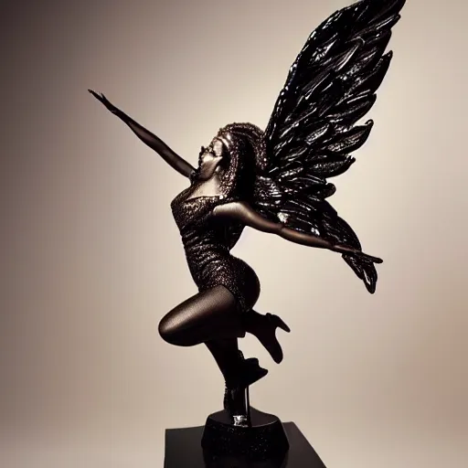 Prompt: a glass statue of a Beyonce with wings on it's back, studio photography, detailed, in focus