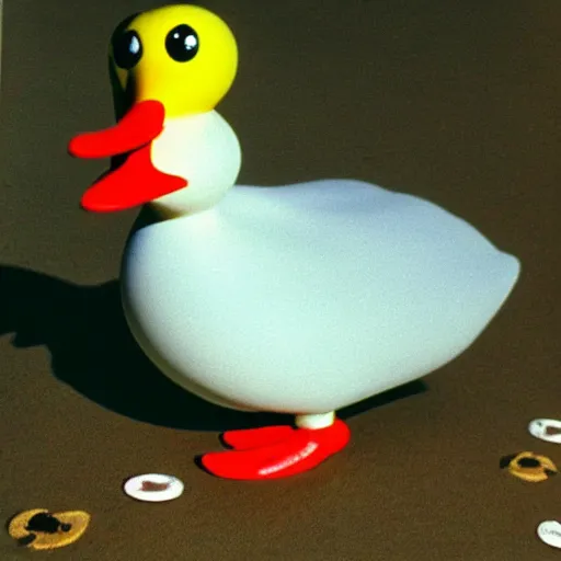 Prompt: duck creature, toy commercial from the 90s, vhs footage, haunted