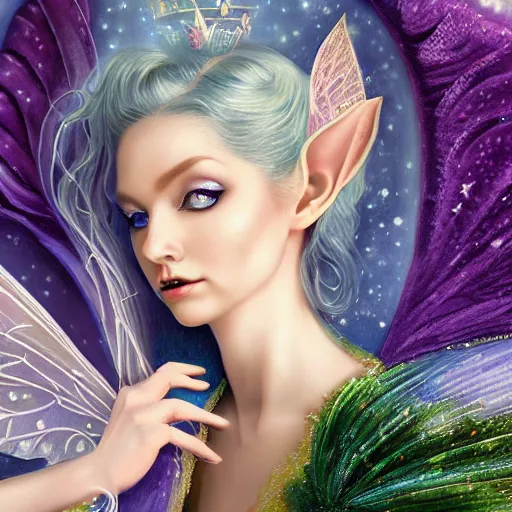 Image similar to detailed portrait of a fairy queen with wings wearing a silk robe, pixie, iris, realism, emerald, galaxy, sapphire,blonde hair going down to the floor, moonlit, , dark fantasy, detailed, magical, fairy, elf, dramatic lighting, cgsociety, artstation