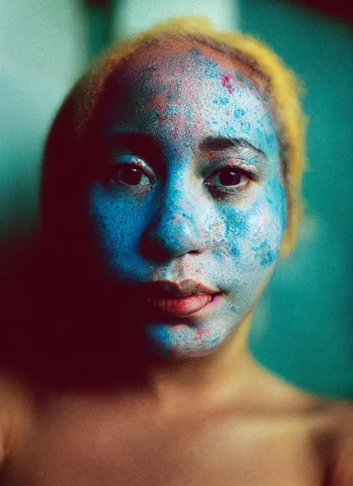 Image similar to extra close-up, color film photography, portrait of woman with vitiligo, in style of nan goldin, blue hour, 35mm, film photo