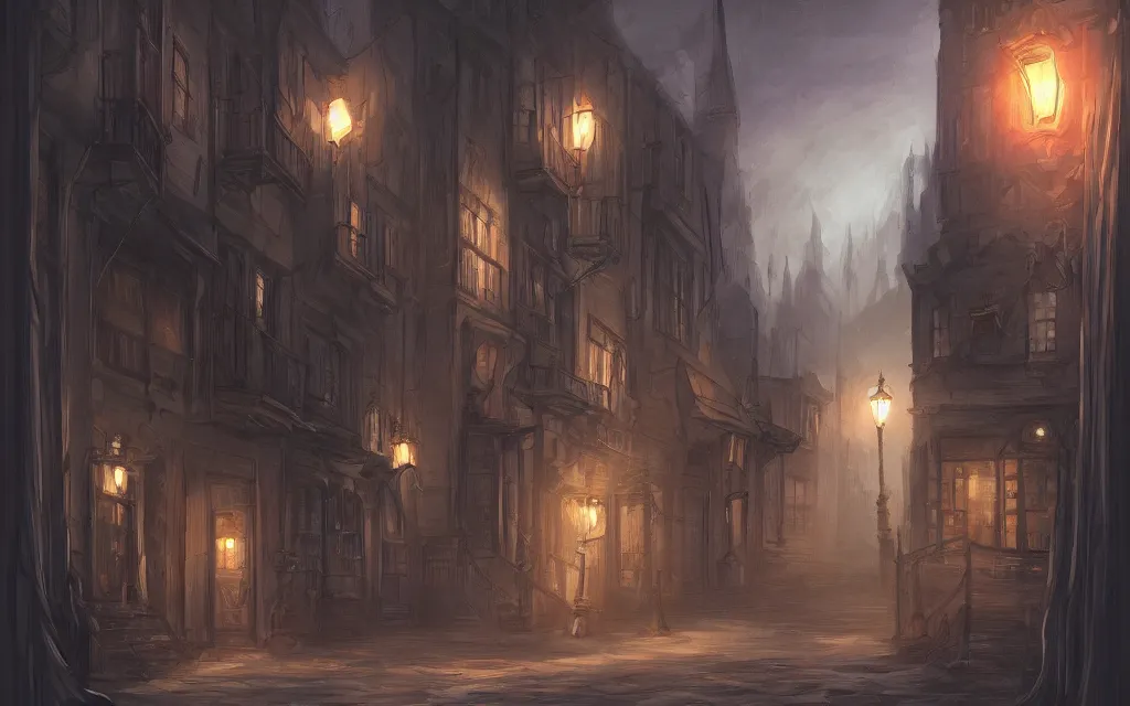 Image similar to Sideview of an 18th gothic street at night. Trending on artstation, digital painting, sidescroller, high fantasy.