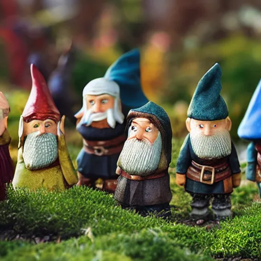 Image similar to garden gnome set of the fellowship of the ring, tilt shift, award winning, highly textured