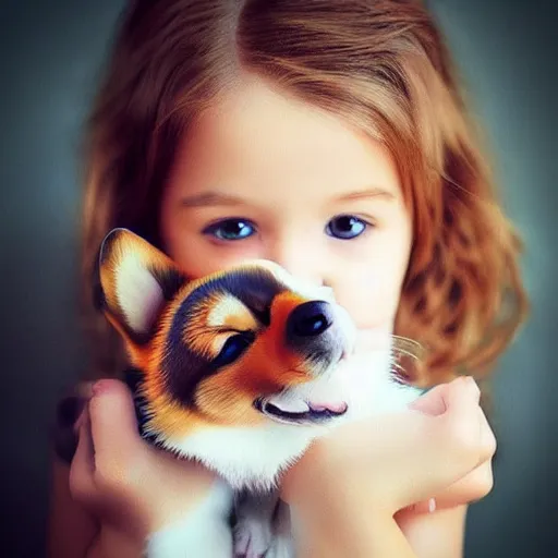 Image similar to “little girl holding a corgi puppy photorealistic hd”