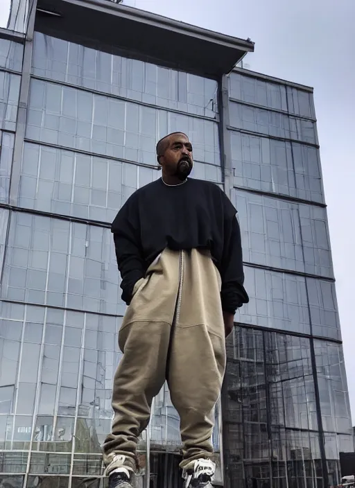 Prompt: Kanye West standing in front of the building of Huta Katowice, iPhone photo