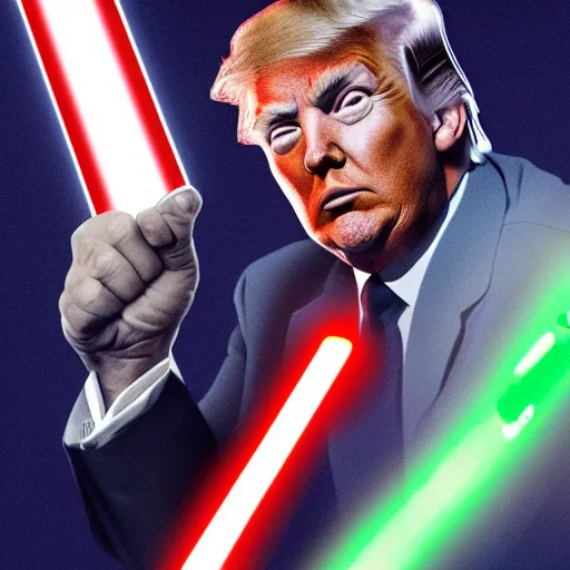 Prompt: donald trump wielding a lightsaber, dynamic lighting, highly detailed