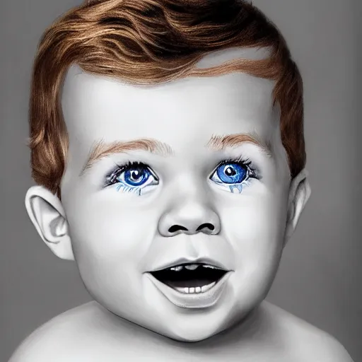 Prompt: caricature painting of a toddler boy with curly blond hair and blue eyes, photography, realistic