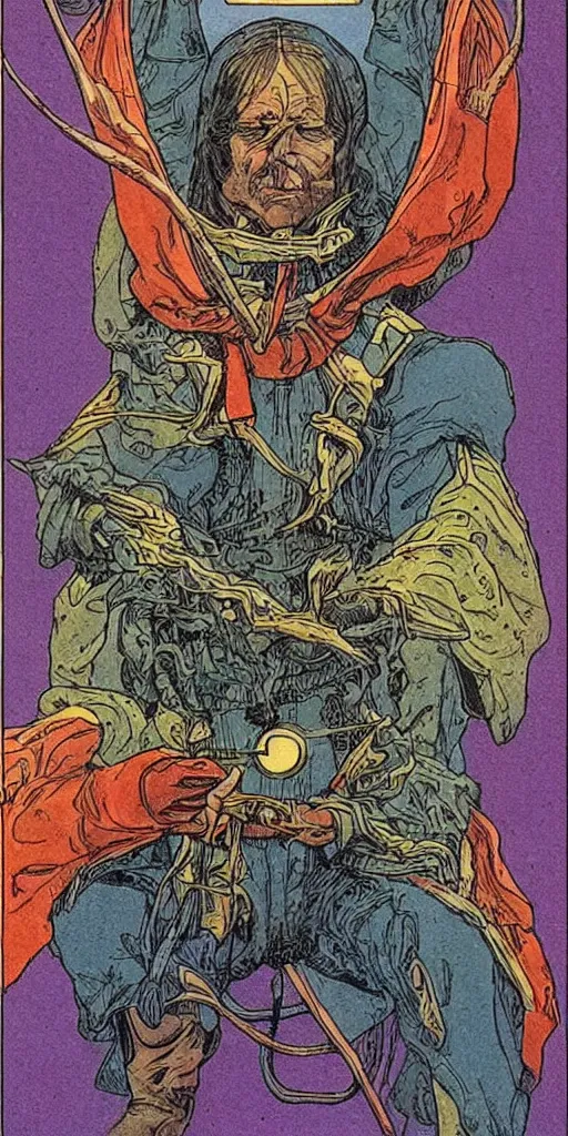 Prompt: the tarot card of the charriot painted by moebius.