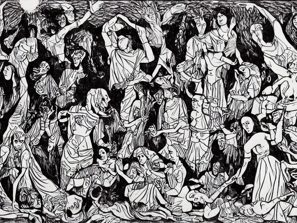 Image similar to a satanic ritual intervening by Ayahuasca Mother, very detailed, Harlem Renaissance style, award-winning