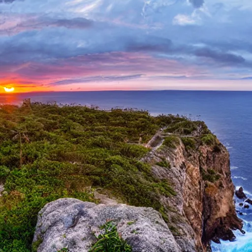 Prompt: Panoramic sunset from a cliff above the ocean with big curly cotton candy clouds comic tales of monkey island