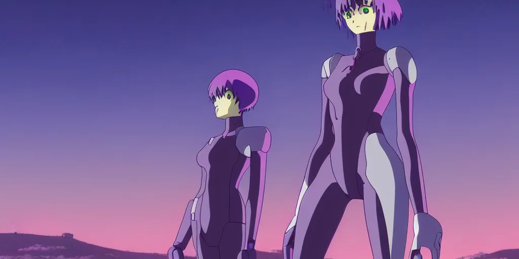 Prompt: twilight lighting, moody, atmospheric, solarpunk, eva - 0 1 from evangelion on a hill, rainy, in the art style of neon genesis : evangelion, by ghibli studio and victor ngai, ghost in the shell art style, akira artstyle, pixar highly detailed, 8 k h 5 7 6