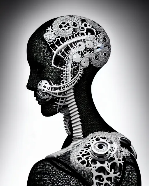 Image similar to black and white photo portrait of complex biomechanical young female cyborg with a mandelbrot fractal face, silver hair, 150 mm lens, soft rim light, fine foliage super big lace collar, Alexander McQueen, high fashion, haute couture, rococo, steampunk, silver filigree details, anatomical, facial muscles, cable wires, microchip, elegant, hyper realistic, octane render, unreal engine, by Man Ray and Dora Maar, volumetric lighting, 8k,