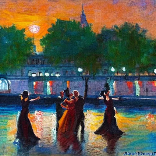 Image similar to impressionist painting of salsa dancers near the seine at sunset