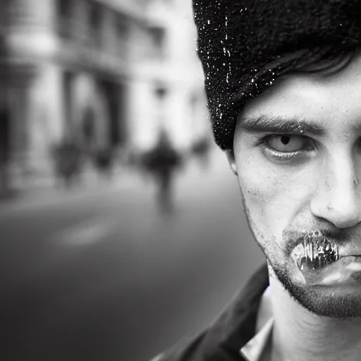 Image similar to black and white fashion photograph, highly detailed portrait of a depressed guy as a drug dealer on a busy Paris street, detailed face looking into camera, eye contact, natural light, rain, mist, lomo, fashion photography, film grain, soft vignette, sigma 85mm f/1.4 1/10 sec shutter, Daren Aronofsky film still promotional image, IMAX 70mm footage