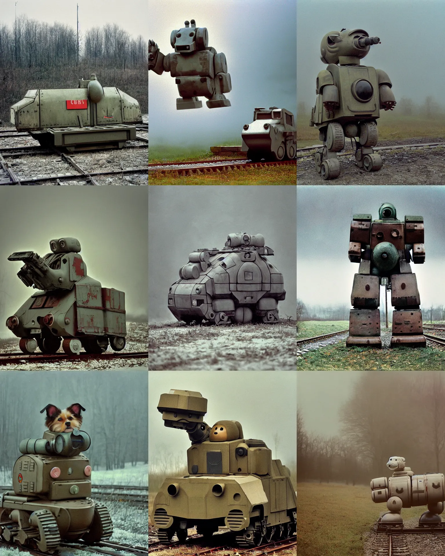 Prompt: giant oversized chubby bulky armored train puppy dog robot mech, with big tongue , rocket launcher , on a village , Cinematic focus, fujicolor photo, vintage, neutral colors, soft lights, foggy, panorama by by Serov Valentin, by lisa yuskavage, by Andrei Tarkovsky