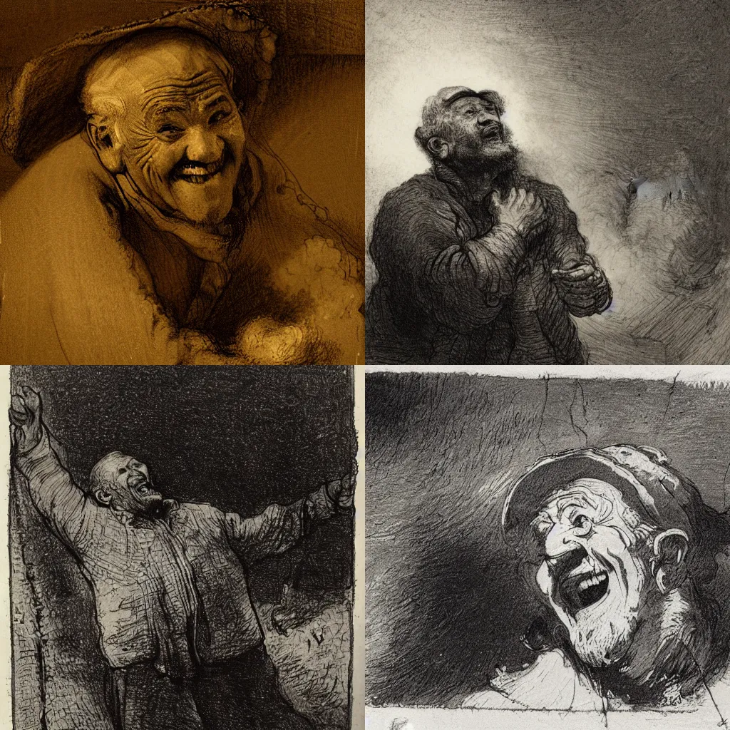 Prompt: a happy, old peasant man is laughing in the middle of a thunder storm, sketch by Rembrandt