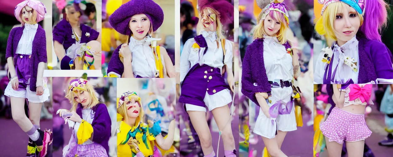 Prompt: A character sheet of a cute magical girl with short blond hair and freckles wearing an oversized purple Beret, Purple overall shorts, Short Puffy pants, pointy jester shoes, a big yellow scarf, and white leggings. Rainbow accessories all over.Photo Collage. Decora Fashion. harajuku street fashion. Cosplay. E-Girl. Kawaii Design. Intricate. Highly Detailed. Photorealistic. Sunlit