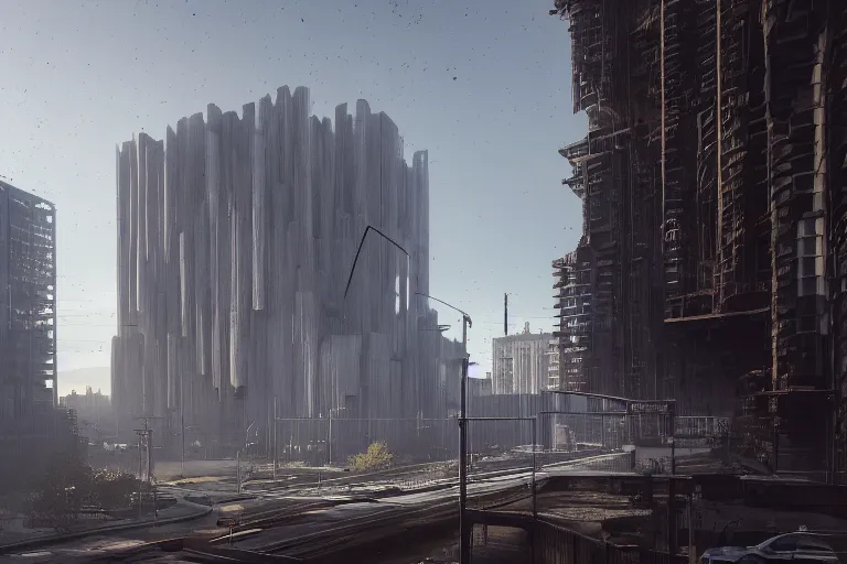 Image similar to streetscape, a towering cathedral of brutalist architecture, buildings covered with greebles, stunning volumetric light, sunset, metal, concrete and translucent material, stunning skies, majestic landscape, trending on Artstation, 8k, photorealistic, hyper detailed, unreal engine 5, IMAX quality, cinematic, epic lighting, in the style of Greg Rutkowski