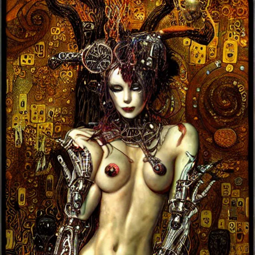 Prompt: depraved cybernetic demon, lsd, circuitry, intricate detail, klimt, royo,