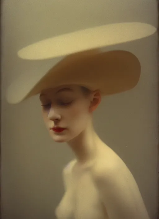 Prompt: out of focus photorealistic portrait of a beautiful pale young woman by sarah moon, tiny nose, wide face, very blurry, translucent white skin, closed eyes, foggy, closeup, with a weird hat