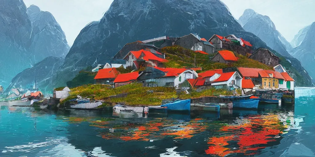 Image similar to a small fishing village nestled in the fjords of norway by alena aenami, petros afshar, colin campbell cooper speedart