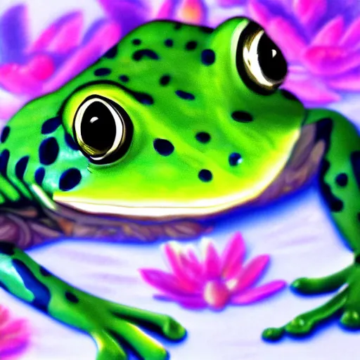 Image similar to !!! sticker!!! close - up of a frog in the water lilies, highly detailed, digital art, matte painting, sharp focus,