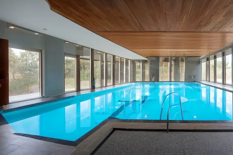 Image similar to poolrooms, modern indoor pool, grey tiling, liminal space