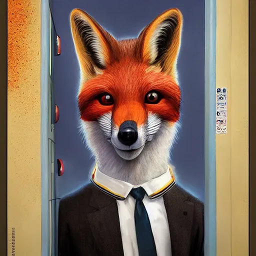 Image similar to a cute male anthropomorphic vulpes vulpes fulva in school hallway, pixar style, by tristan eaton stanley artgerm and tom bagshaw.