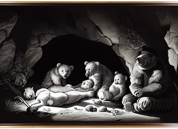 Image similar to Pieter Claesz's 'a bear and her cubs sleeping in a dark cave, lit by campfire', night time, cross hatching, framed, monochrome