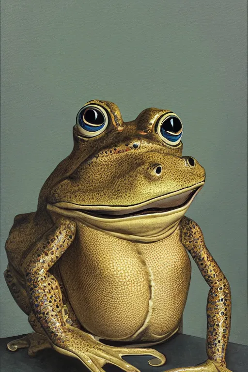 Prompt: anthropomorphic frog wearing a cravat portrait in the museum, highly detailed, sharp focus, oil painting, artwork by Victor Adame Minguez + Yuumei + Tom Lovell + Sandro Botticelli