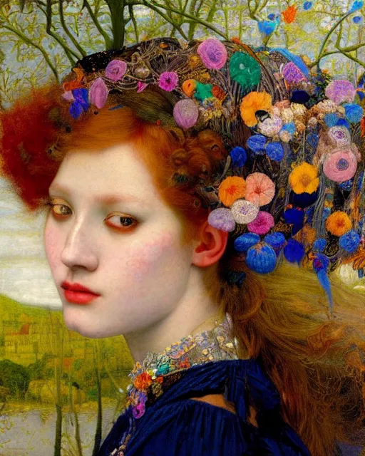 Image similar to a beautiful girl in the clouds wearing colourful face paint surrounded by colourful intricate patterns, by edgar maxence and caravaggio and michael whelan, intricate painting, hyper realistic, extremely detailed and beautiful aesthetic face, 8 k resolution