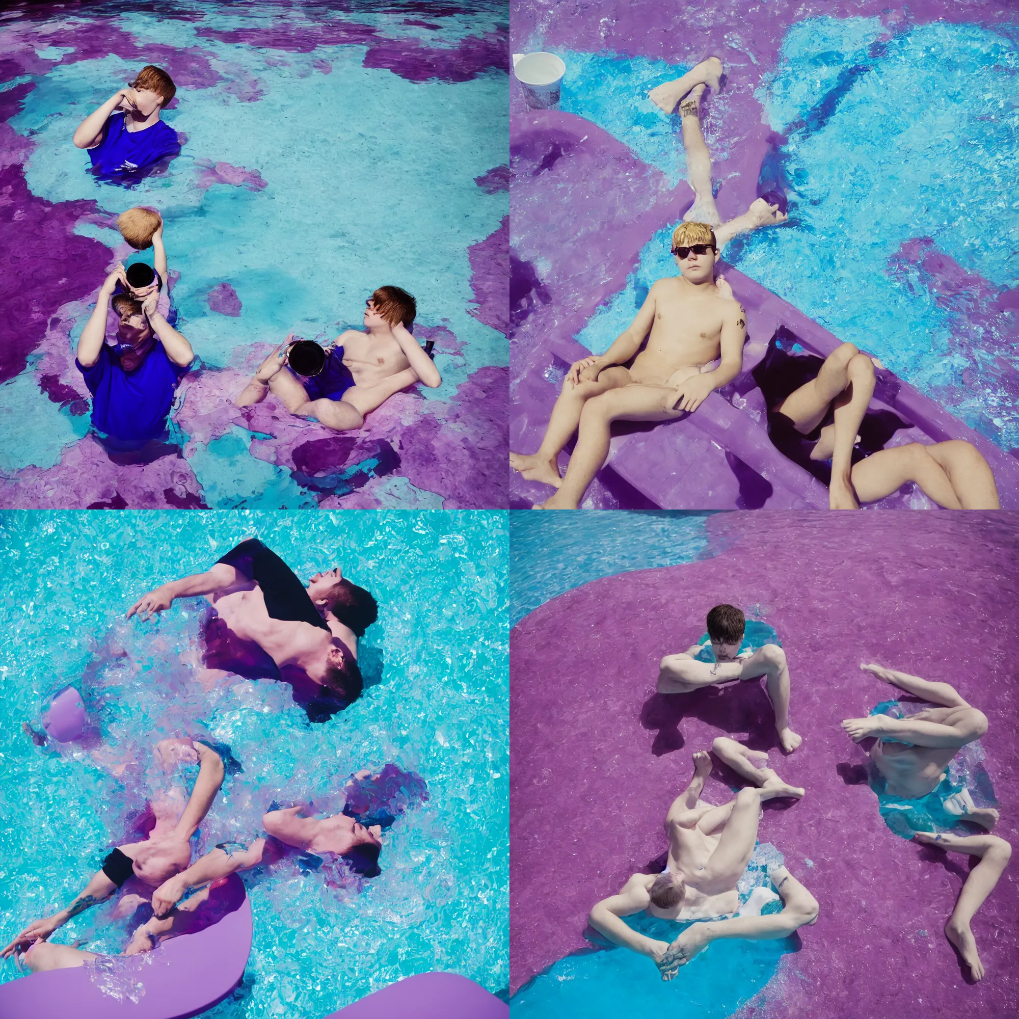 Prompt: Yung Lean relaxing in the middle of a purple pool drinking out of a plastic cup, fujifilm, 16mm, broad lighting