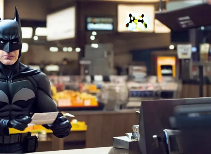 Image similar to film still of Batman working as a cashier at McDonalds in the new batman movie, 4k