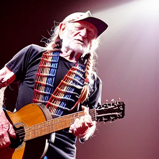 Image similar to willie nelson on stage, guitar. god rays through fog.