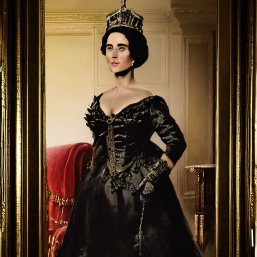 Prompt: frank frazetta portrait of jennifer connelly as queen victoria, full body, 8 k, realistic, photo real, smooth, sharp, intricate detail, hyper detail, dramatic lighting, dramatic shading