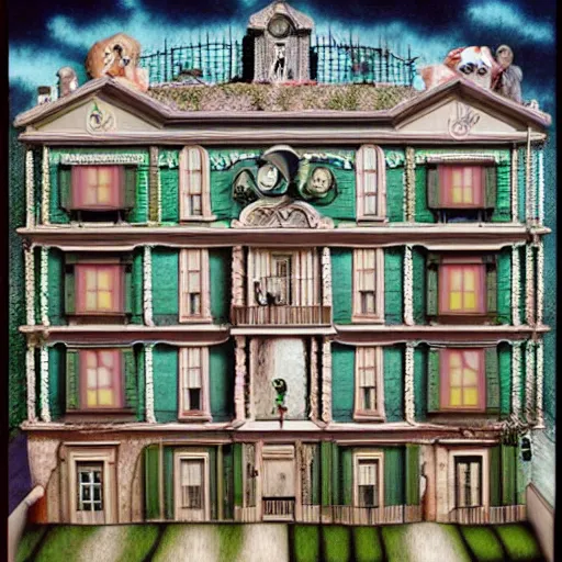 Image similar to a house with many rooms , lowbrow surrealistic, in the style of Mark Ryden,