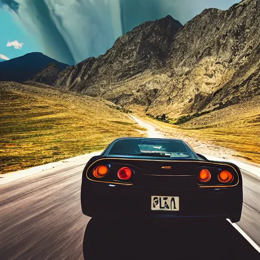 Image similar to black trans - am driving towards the camera, mountain, valley, breathtaking mountains, lake, dynamic, sunrise, cinematic, motionblur, sunbeams, volumetric lighting, wide shot, low angle, large lightning storm